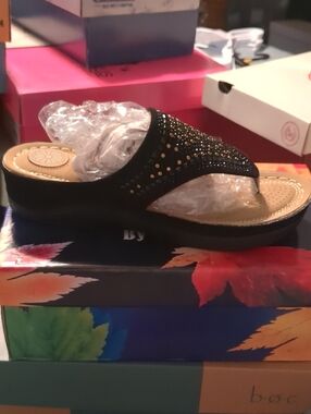 Italina Black Studded Toe-Post Sandal with Tan Footbed